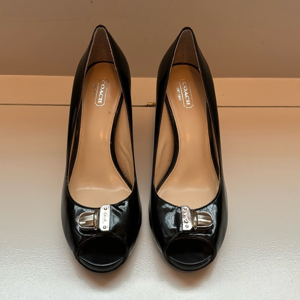 Coach Black Leather Peep Toe Heels, Size 9